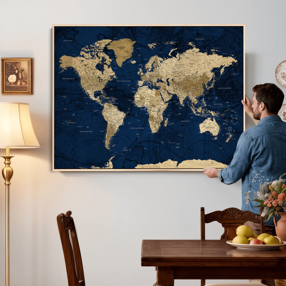 Navy Blue World Map Canvas Print – Detailed Map Minimal Navy