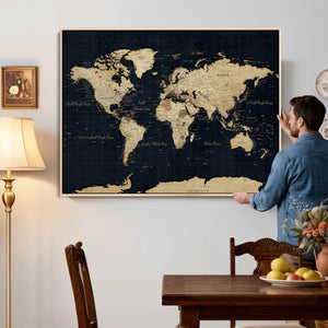 Dark World Map Canvas Wall Art Print, Minimal Black and Gold