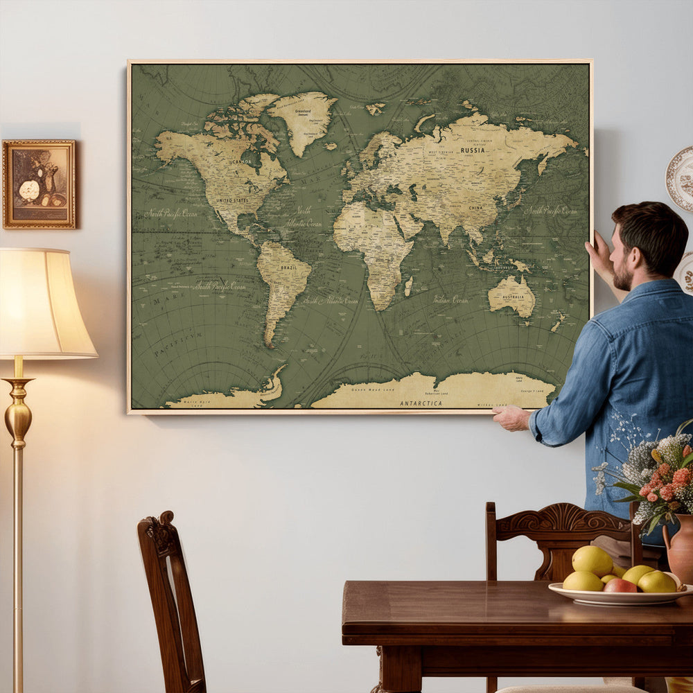 Large World Map Canvas Wall Art Print for Study Room Decor -