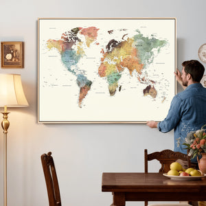 Framed World Map Wall Art Canvas Print for Living Room and