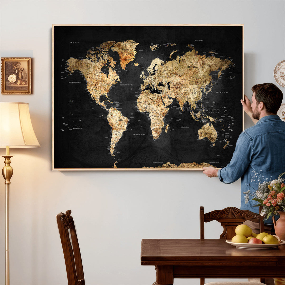 World Map Canvas Wall Art with Famous Landmarks – Framed