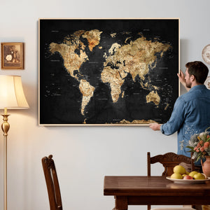 World Map Canvas Wall Art with Famous Landmarks – Framed