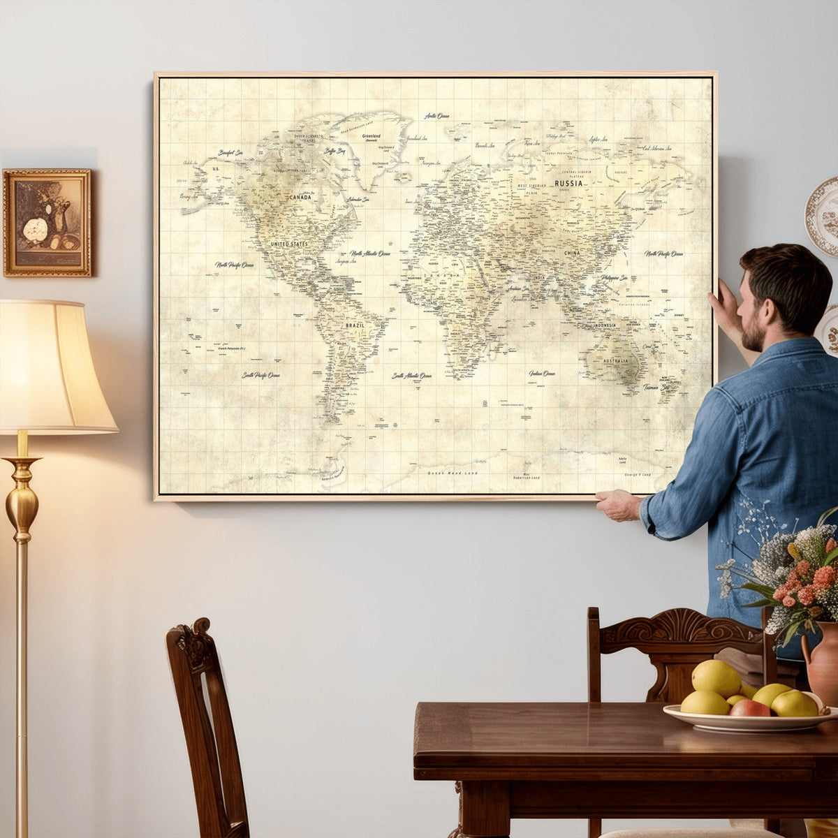 Colorful Watercolor World Map Canvas Wall Art – Framed