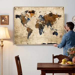 World Map Wall Art – Rustic Earth Tone Canvas Print, Antique