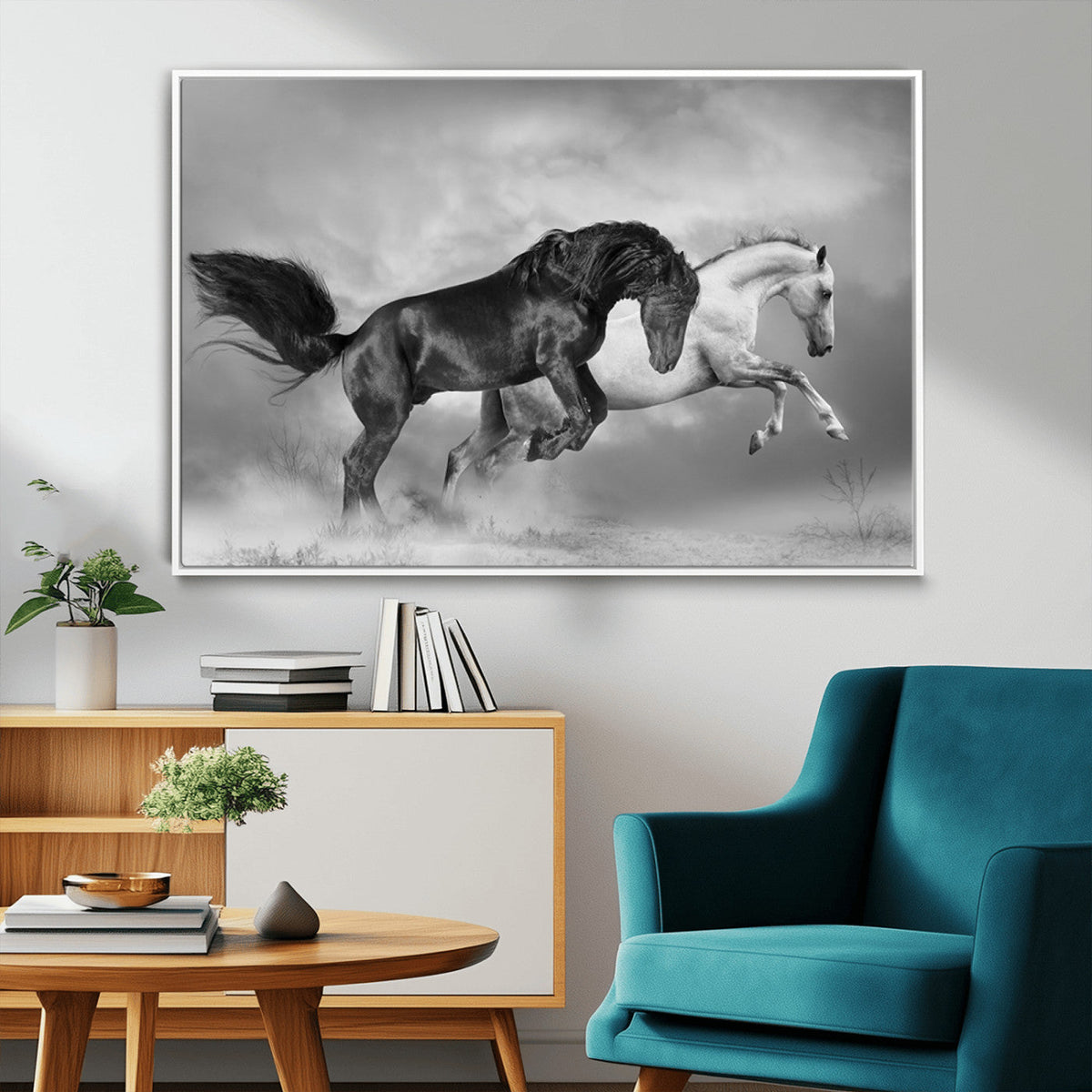 Wild Horses Wall Art Canvas Print – Framed Black and White
