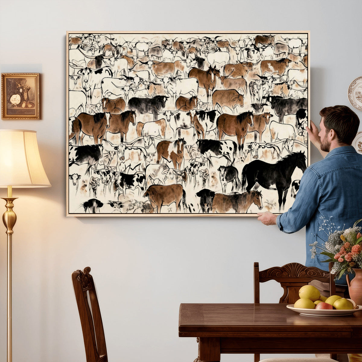 Farmhouse Animals Horse Longhorn Cow Wall Art Canvas Print -