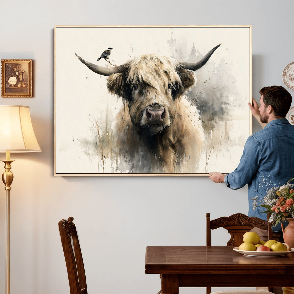 Abstract Highland Cow Wall Art Canvas Print, Rustic Farm