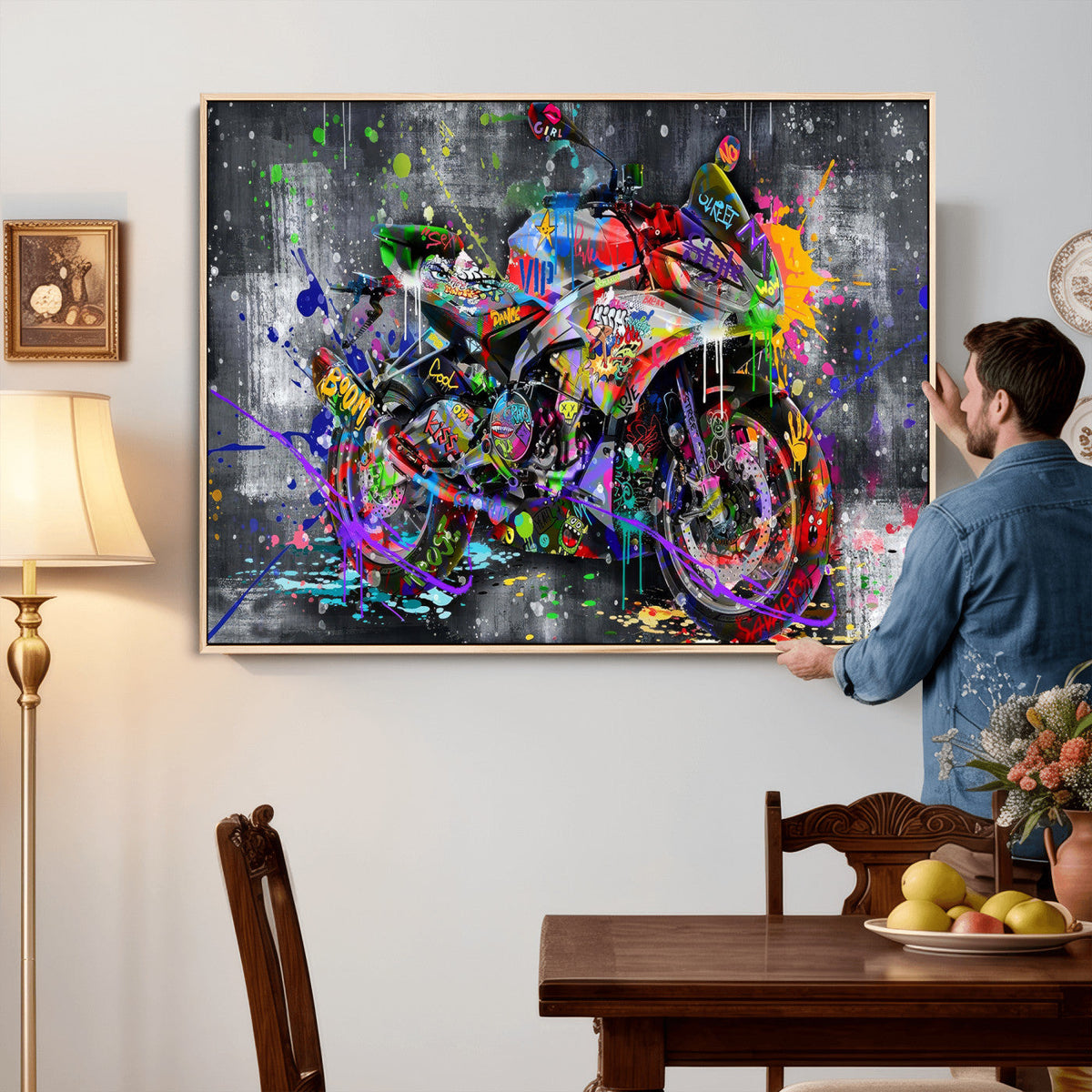 Graffiti Motorcycle Wall Art Canvas Print, Urban Street Art