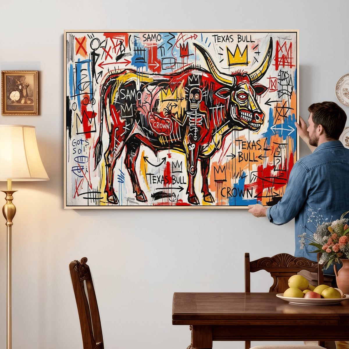 Texas Bull Wall Art Canvas Print, Abstract Graffiti Bull
