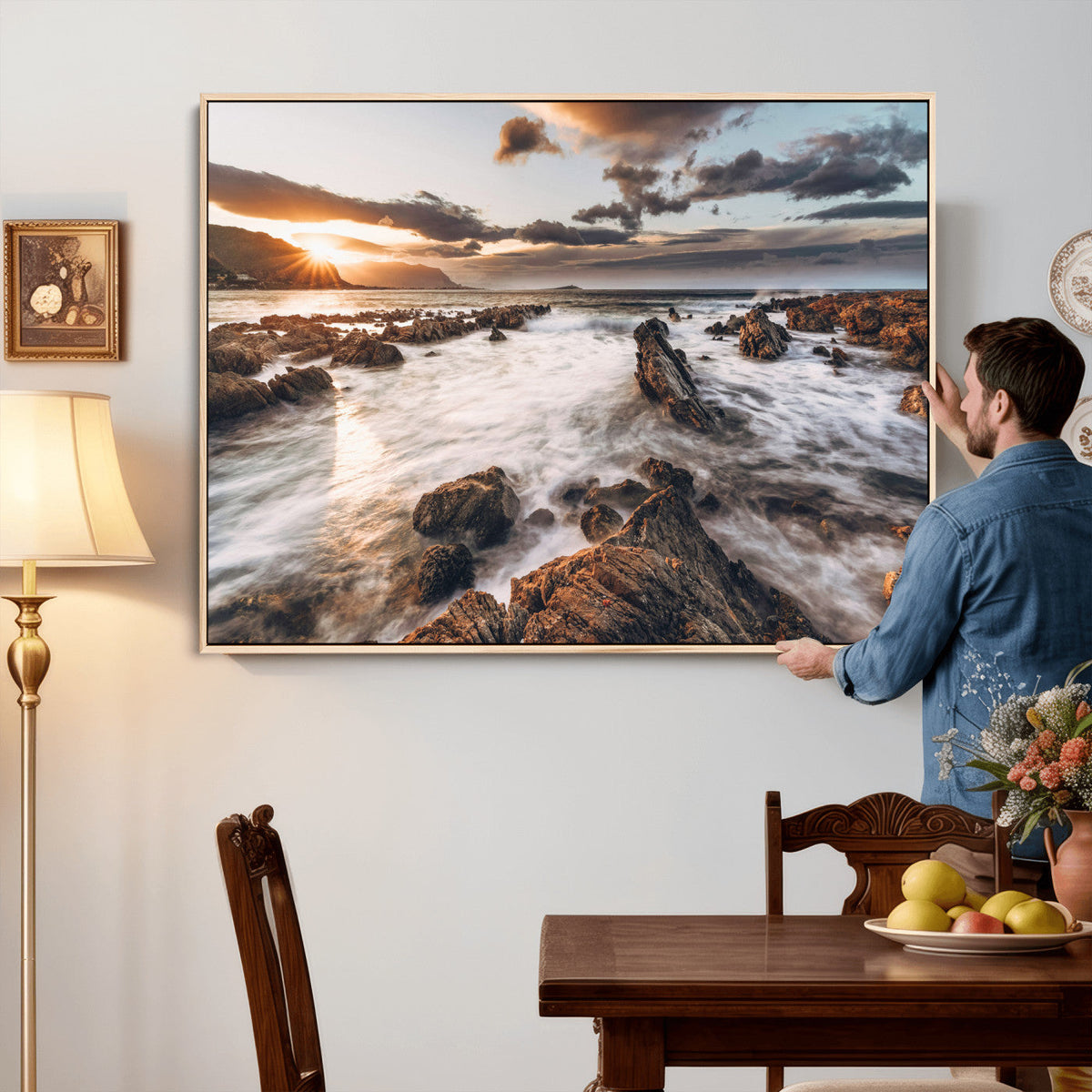 Rocky Coast Ocean Sunset Wall Art Canvas Print, Dramatic