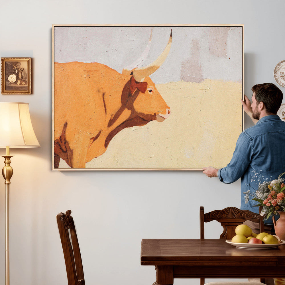 Minimal Longhorn Bull Wall Art Canvas Print, Neutral Western