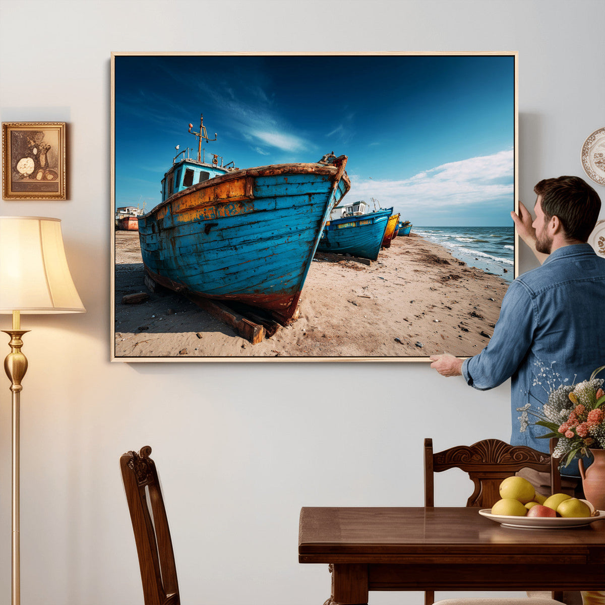 Coastal Fishing Boats Wall Art Canvas Print, Sunset Beach