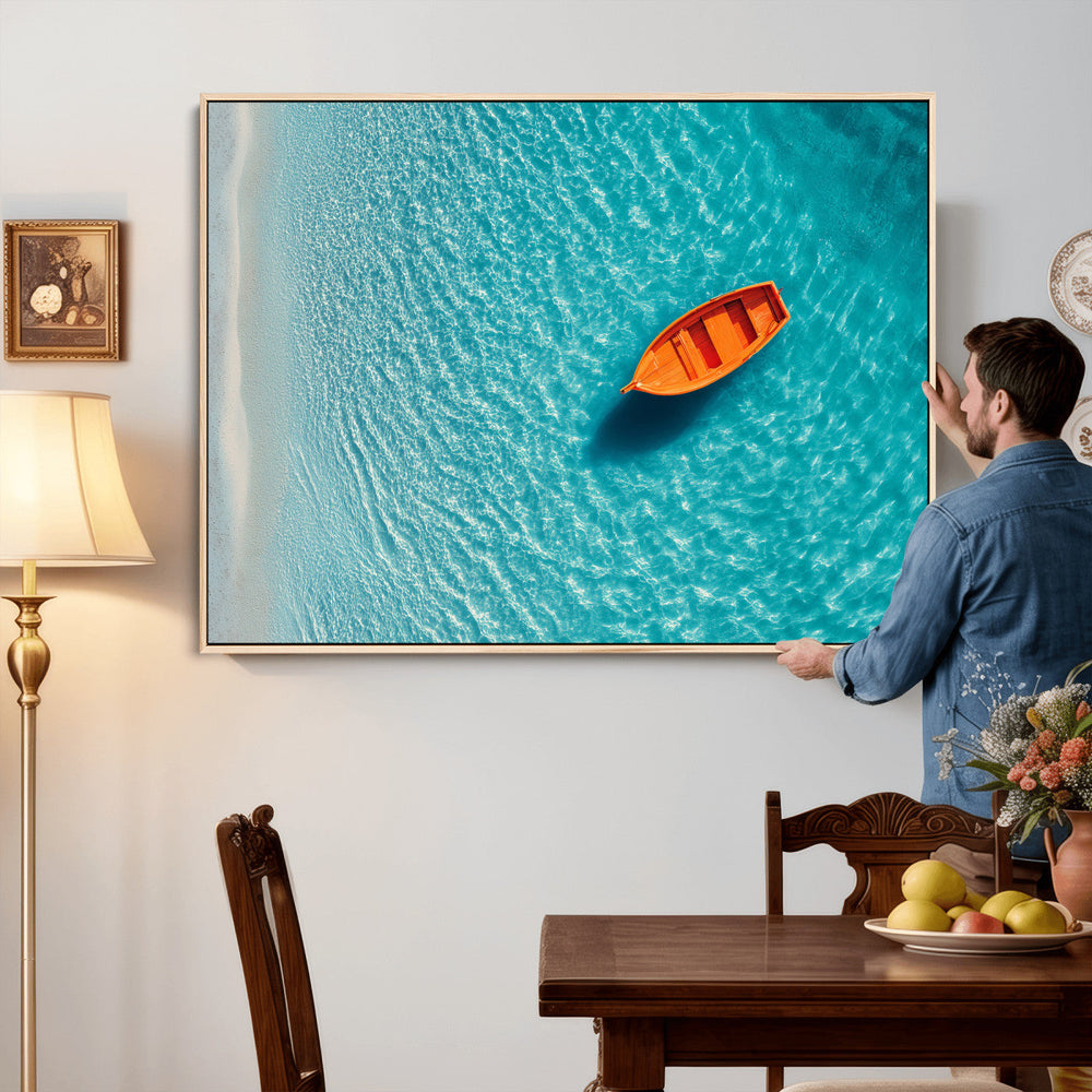 Minimalist Boat Wall Art Canvas Print, Aerial Sea Landscape
