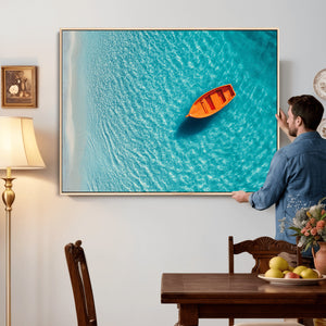 Minimalist Boat Wall Art Canvas Print, Aerial Sea Landscape