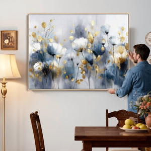 Large Abstract Flowers Wall Art Canvas Print – Gold and Blue