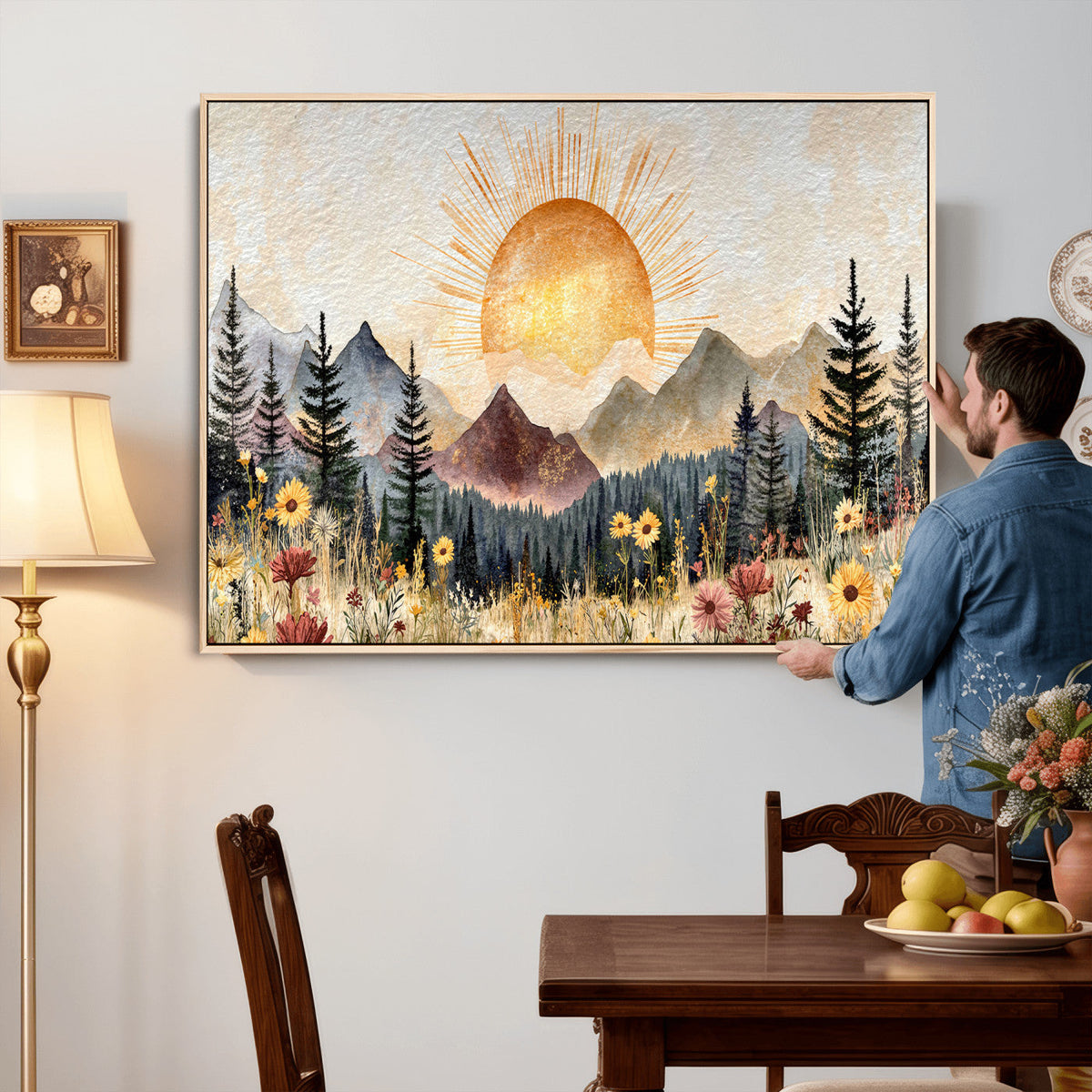Boho Mountain Landscape Large Wall Art, Horizontal Gold