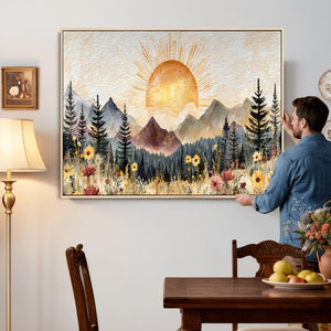 Boho Mountain Landscape Large Wall Art, Horizontal Gold