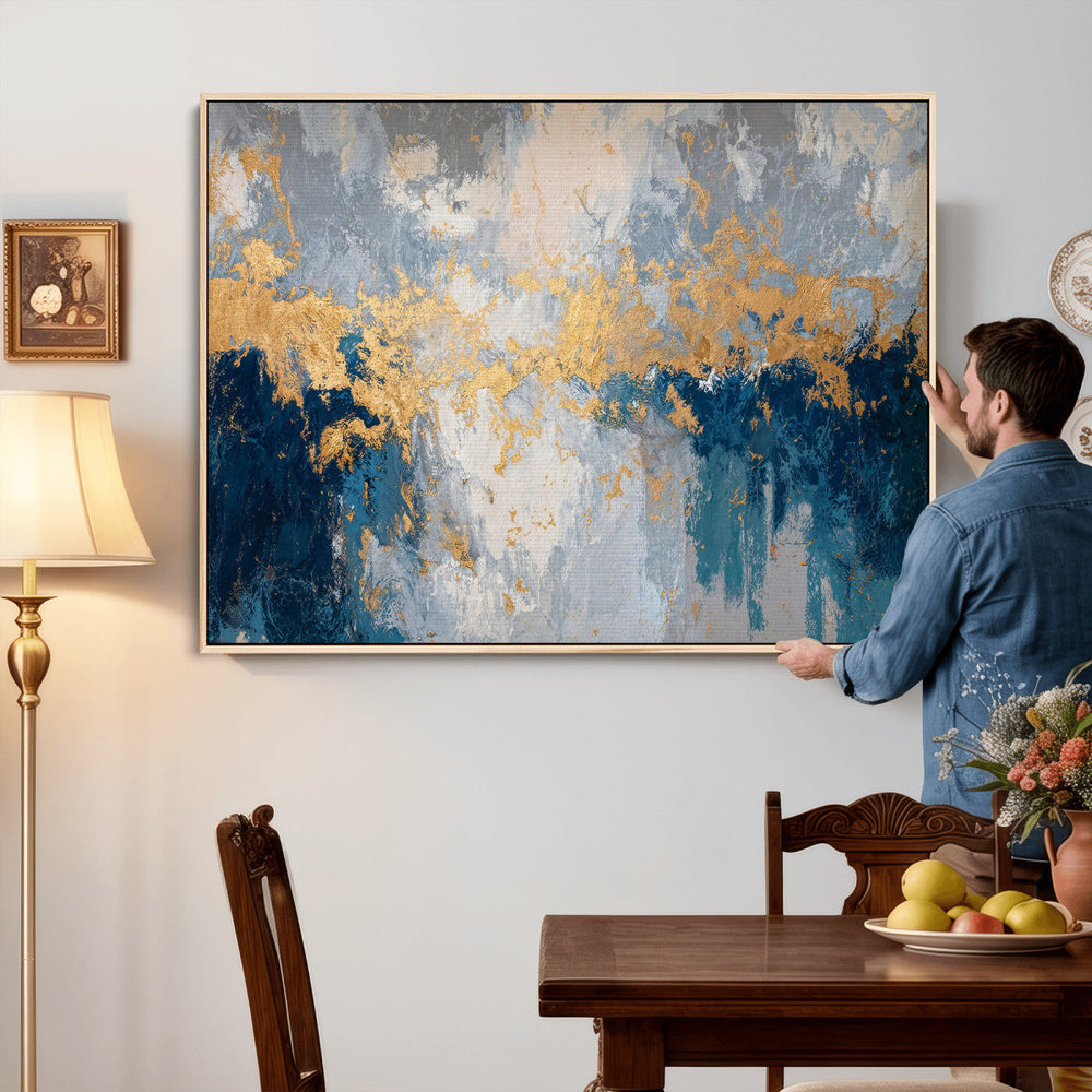 Blue Gold Abstract Large Framed Canvas Wall Art, Modern