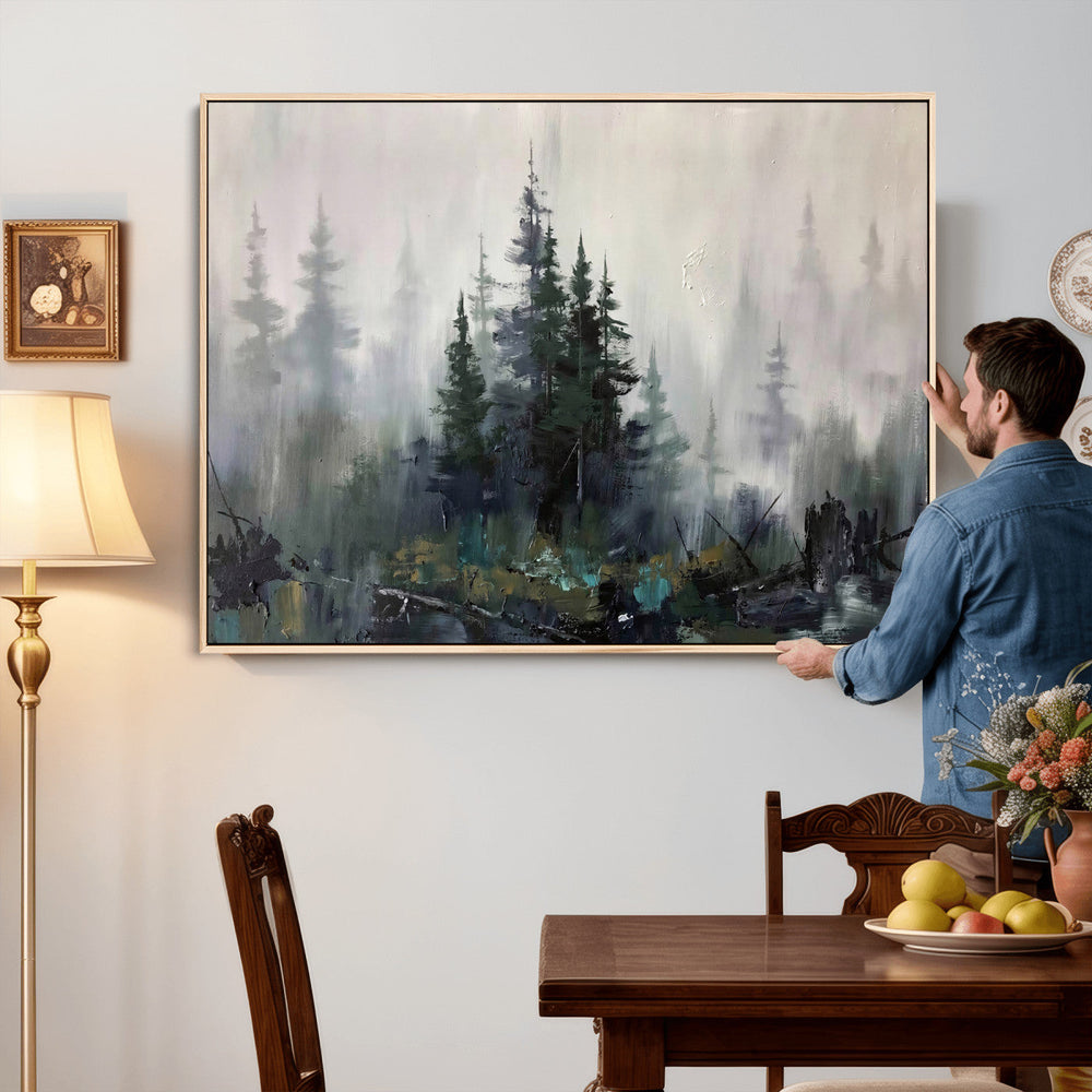 Misty Pine Forest Oil Painting Canvas — Dark Moody Teal Grey