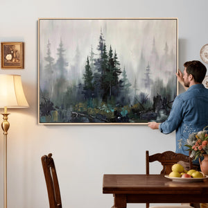 Misty Pine Forest Oil Painting Canvas — Dark Moody Teal Grey