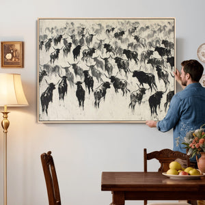 Longhorn Cattle Canvas Wall Art, Black White Stampede Ink