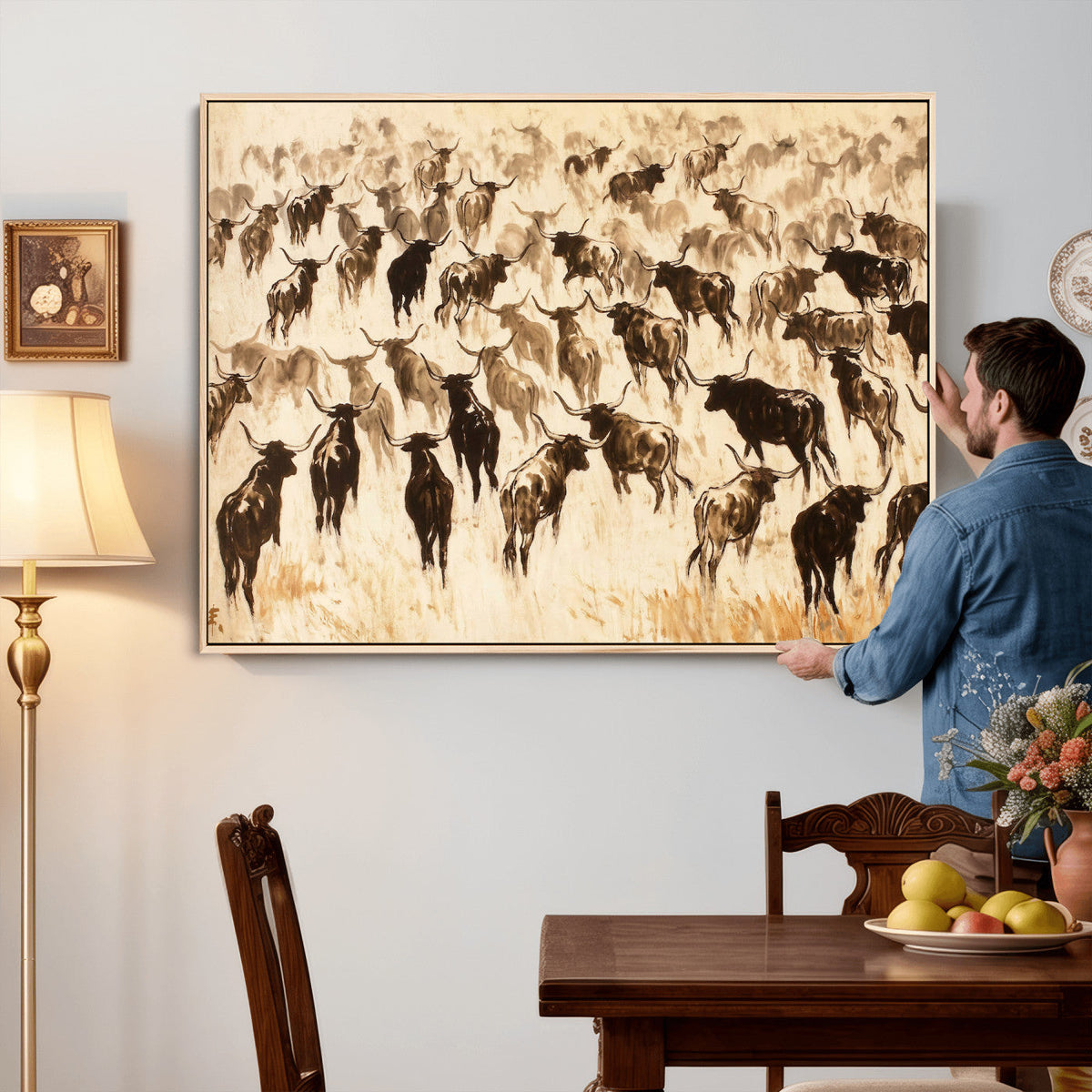 Texas Longhorn Sepia Canvas Wall Art, Western Cattle