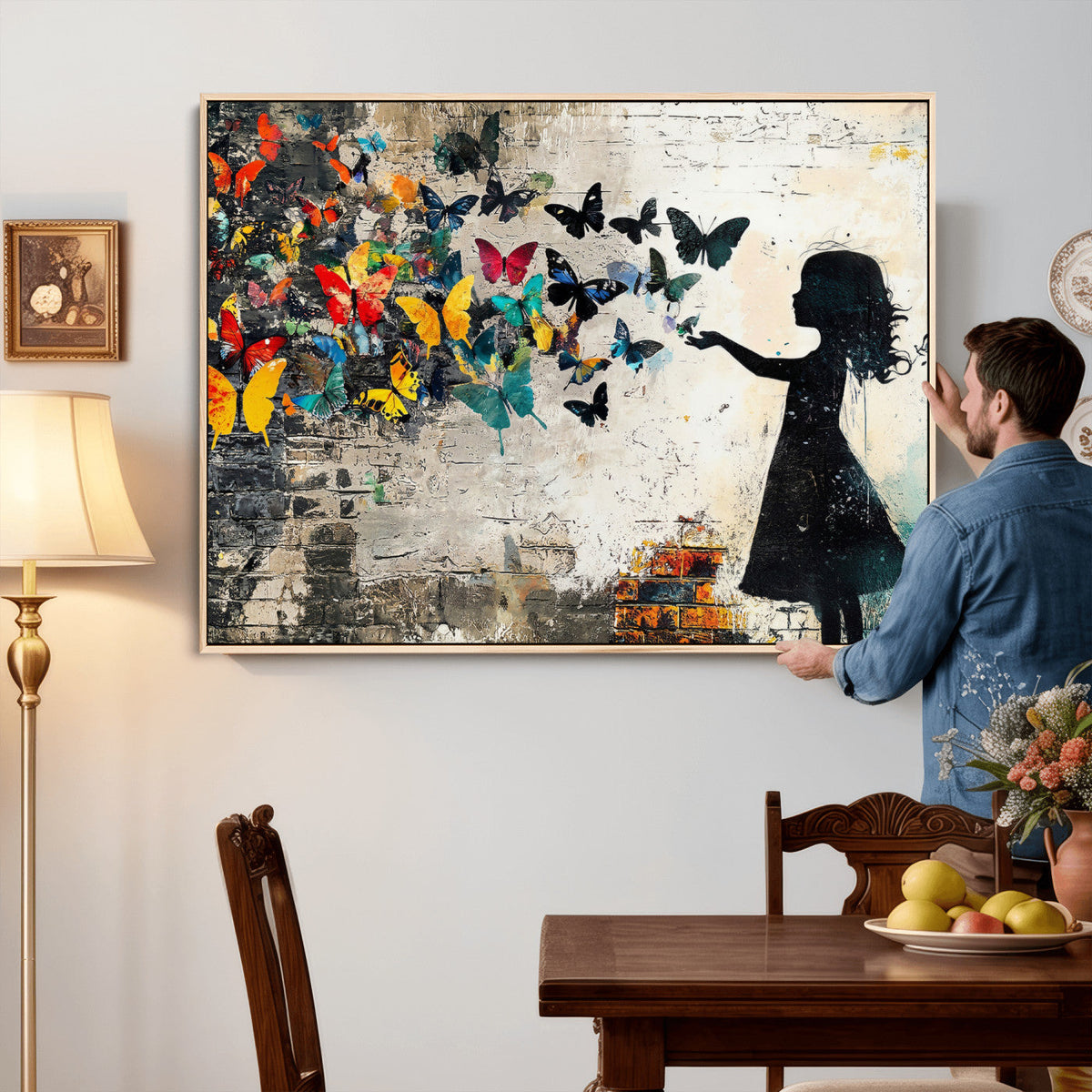 Banksy Butterfly Girl Wall Art Canvas Print, Framed Street