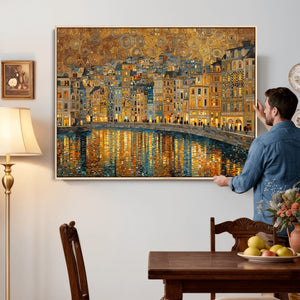 Gustav Klimt Golden Cityscape Wall Art Canvas Print, Framed