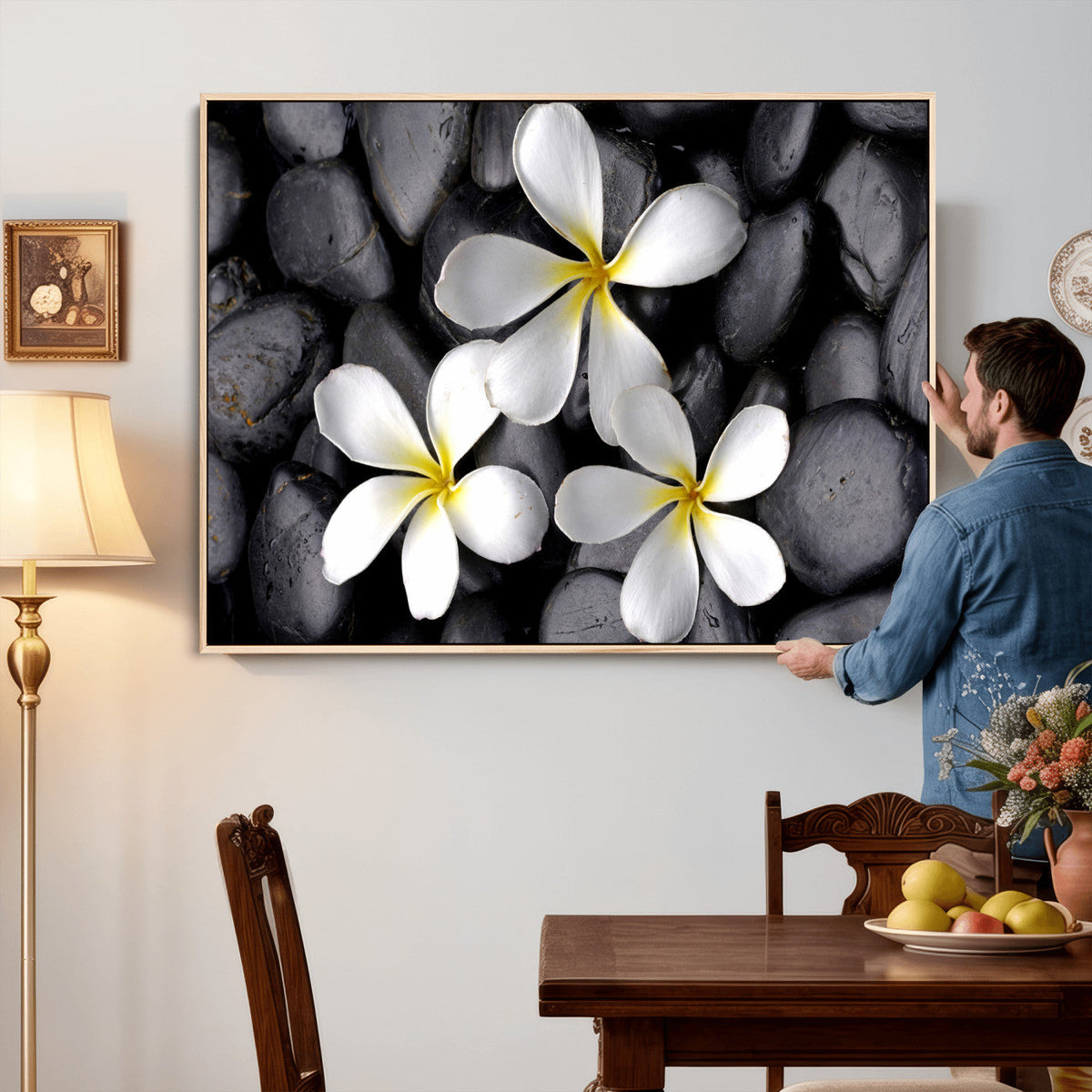 Plumeria Frangipani Black Stone Canvas | White Flower Spa