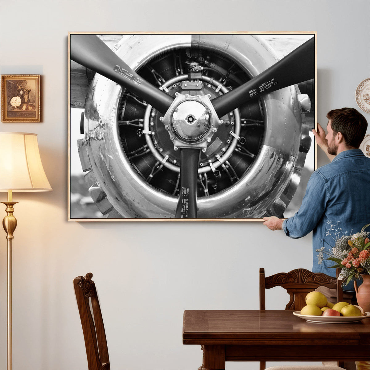 Vintage Propeller Plane Wall Art Canvas Print, Black and