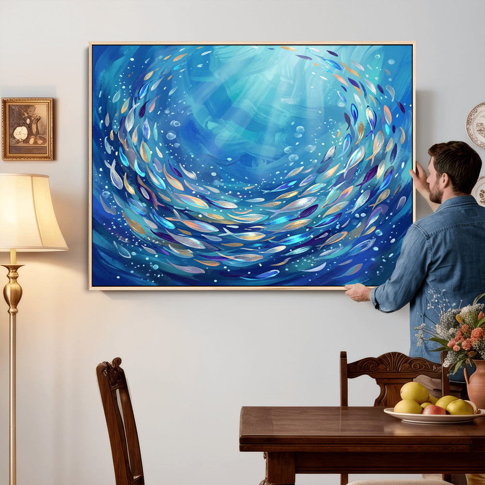 School of Fish Canvas Print | Blue Ocean Underwater Wall Art