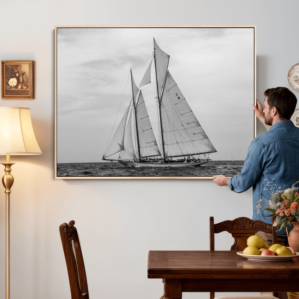 Vintage Sailboat Wall Art Canvas Print, Black and White