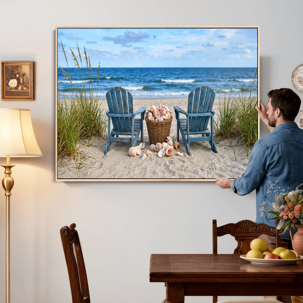 Large Beach Canvas Wall Art Coastal Adirondack Chairs Ocean