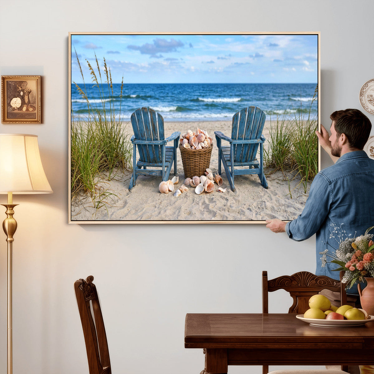 Large Beach Canvas Wall Art Coastal Adirondack Chairs Ocean