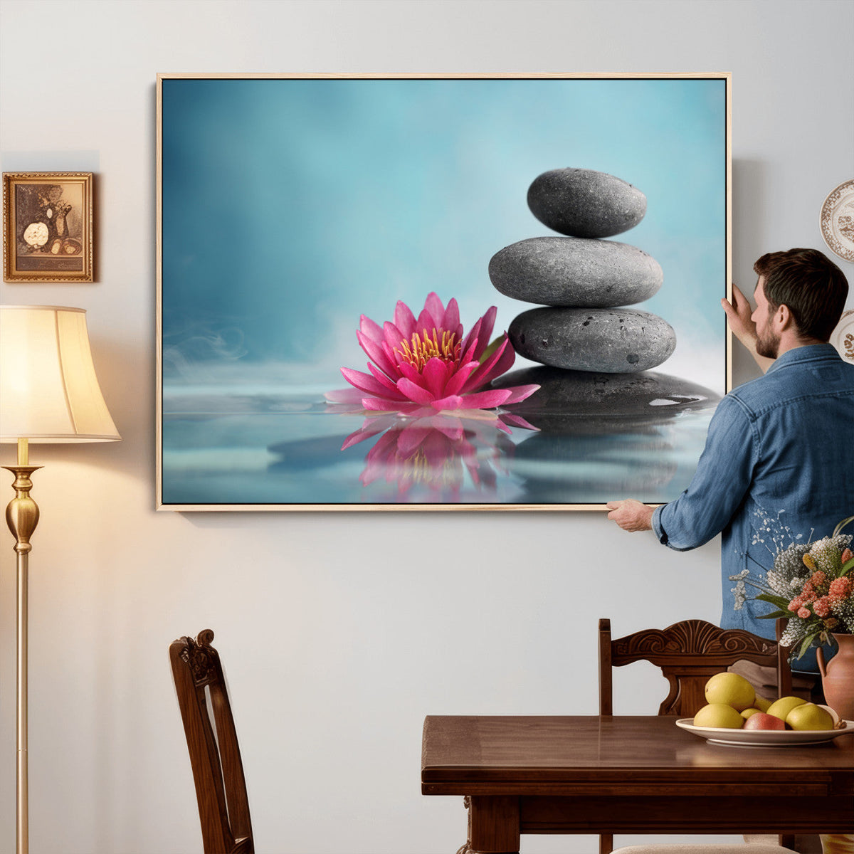 Zen Canvas Wall Art Lotus Flower Stacked Stones Teal Spa