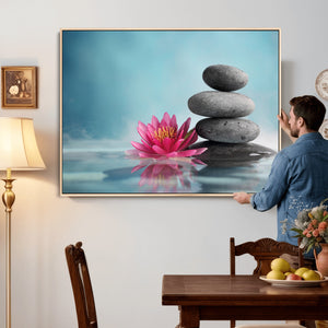 Zen Canvas Wall Art Lotus Flower Stacked Stones Teal Spa
