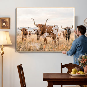 Texas Longhorn Canvas Wall Art, Rustic Farm Animal Photography Print, Farmhouse Country Decor, Western Ranch Art