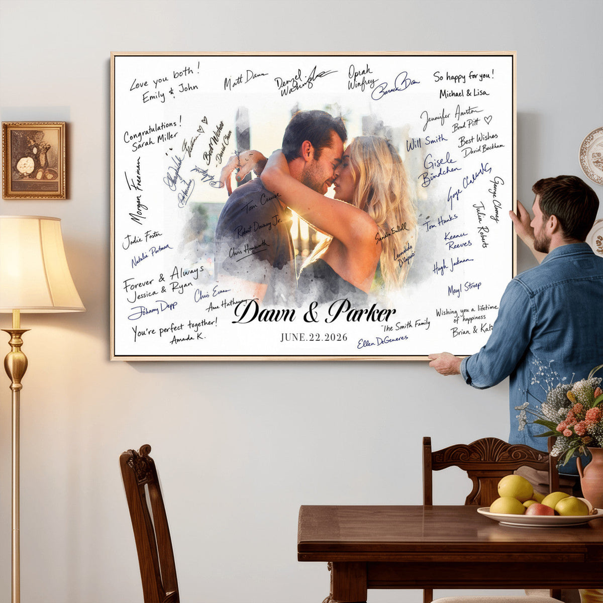 Wedding Guest Book Alternative Wall Art Canvas Print, Personalized Wedding Signature Poster, Custom Couple Photo Guestbook Canvas, Bridal Shower Reception Decor