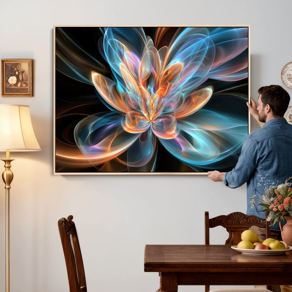 Fractal Lotus Canvas Wall Art, Blue Orange Glowing Flower Abstract Print, Modern Zen Meditation Room Decor, Ethereal Digital Art, Living Room