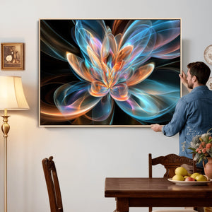 Fractal Lotus Canvas Wall Art, Blue Orange Glowing Flower Abstract Print, Modern Zen Meditation Room Decor, Ethereal Digital Art, Living Room