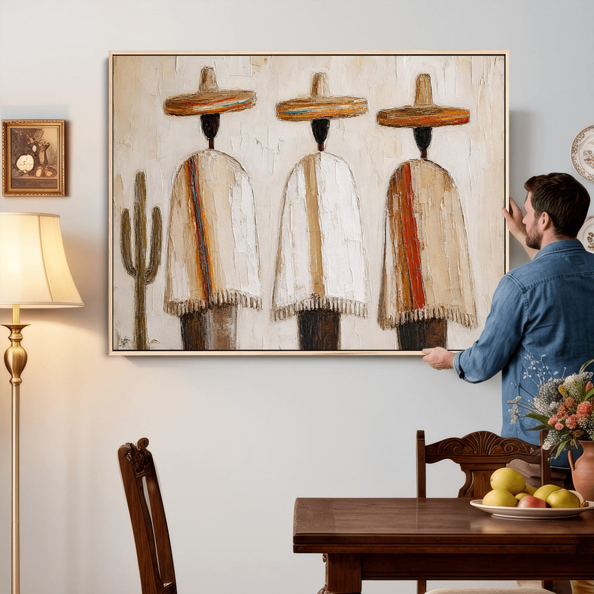 Mexican Wall Art Canvas Print, Southwestern Sombrero Poncho Painting, Neutral Earthy Boho Decor, Fiesta Living Room Art, Impasto Style Print