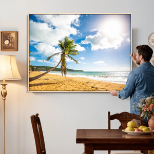 Tropical Beach Canvas Wall Art, Palm Tree Ocean Photo Print, Coastal Living Room Decor, Turquoise Sea Beach House Art, Summer Wall Art