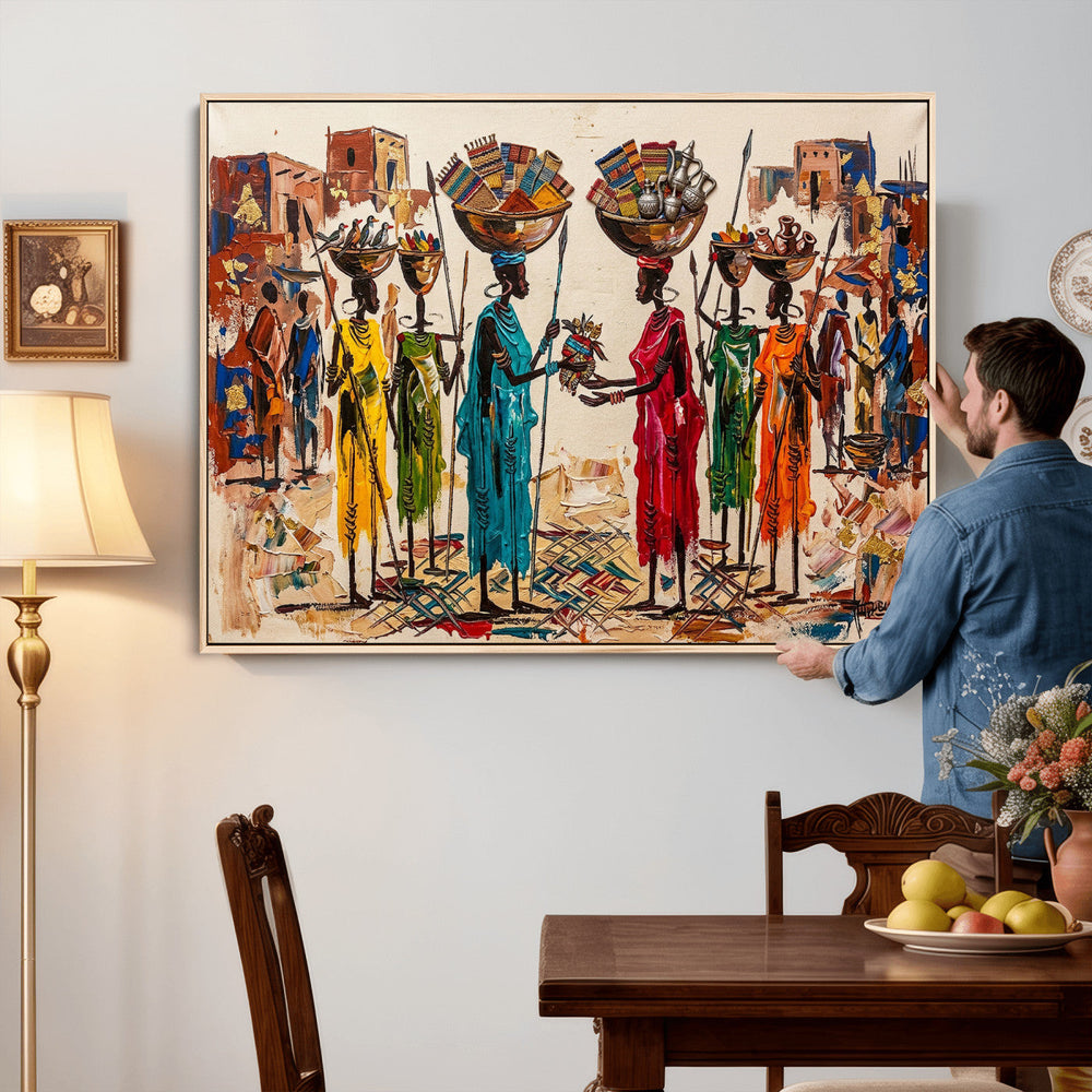 African Folk Art Canvas Wall Art, Colorful African Women Village Painting Print, Tribal Ethnic Home Decor, Vibrant African Art, Living Room