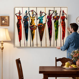 African Folk Art Canvas Wall Art, Colorful African Women Village Painting Print, Tribal Ethnic Home Decor, Vibrant African Art, Living Room