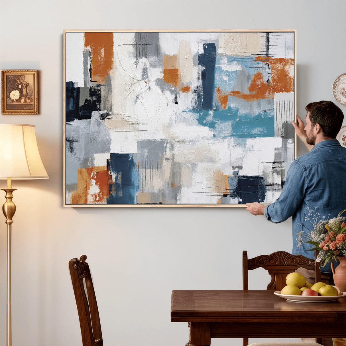 Blue Teal Abstract Canvas Wall Art, Modern Textured Painting Print, Navy Orange White Contemporary Art, Neutral Living Room Decor, Office Art