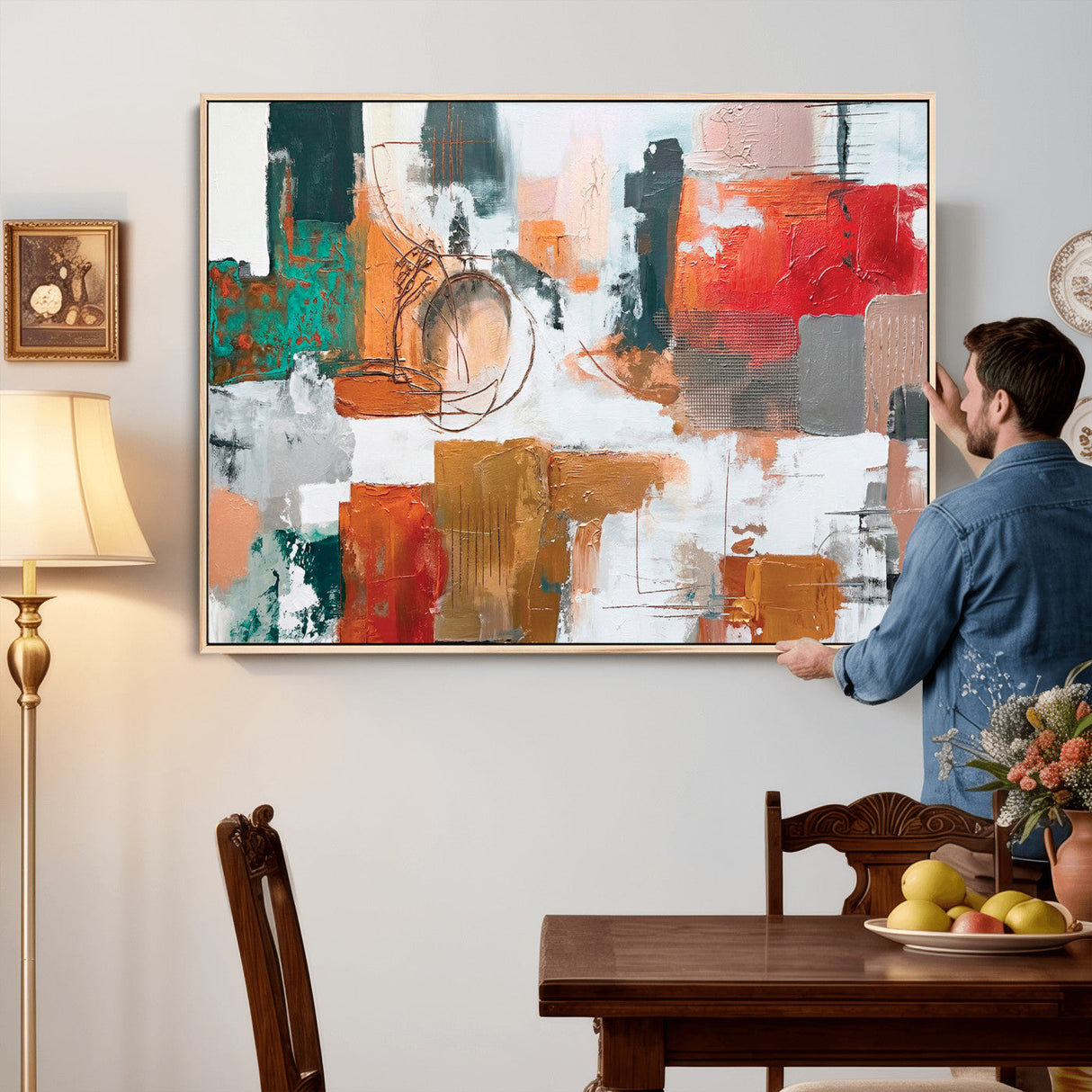 Blue Teal Abstract Canvas Wall Art, Modern Textured Painting Print, Navy Orange White Contemporary Art, Neutral Living Room Decor, Office Art
