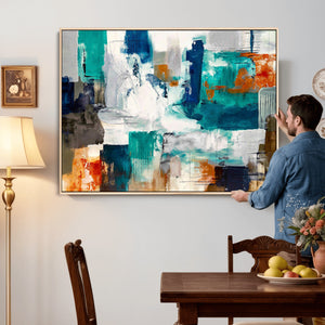 Blue Teal Abstract Canvas Wall Art, Modern Textured Painting Print, Navy Orange White Contemporary Art, Neutral Living Room Decor, Office Art