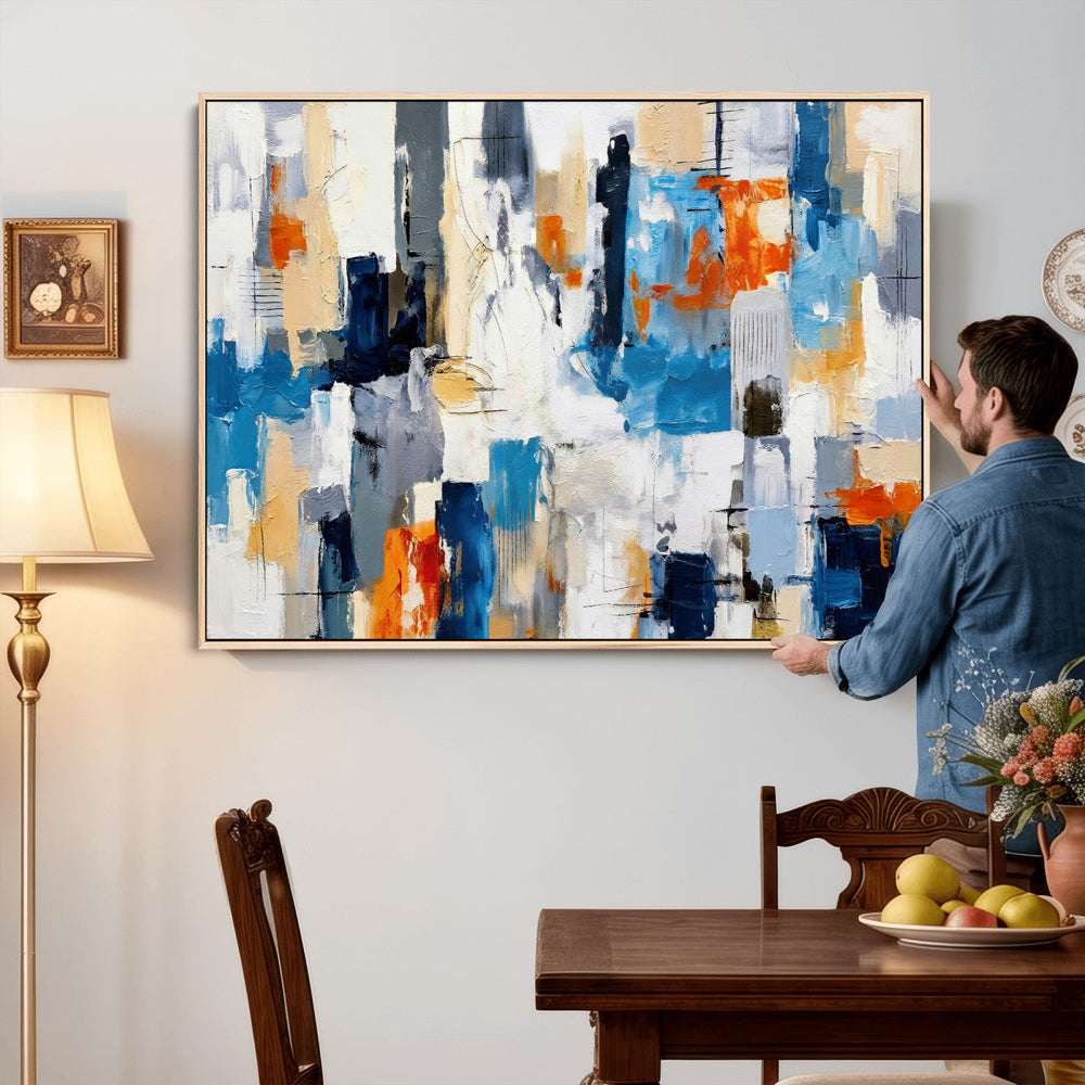 Blue Teal Abstract Canvas Wall Art, Modern Textured Painting Print, Navy Orange White Contemporary Art, Neutral Living Room Decor, Office Art