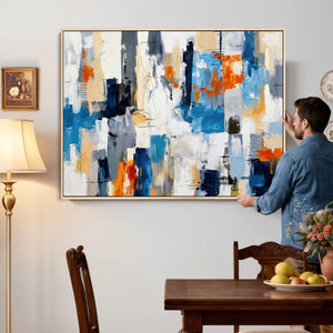 Blue Teal Abstract Canvas Wall Art, Modern Textured Painting Print, Navy Orange White Contemporary Art, Neutral Living Room Decor, Office Art