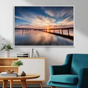 Wooden Pier on Seascape and Sunset Wall Art Canvas Print